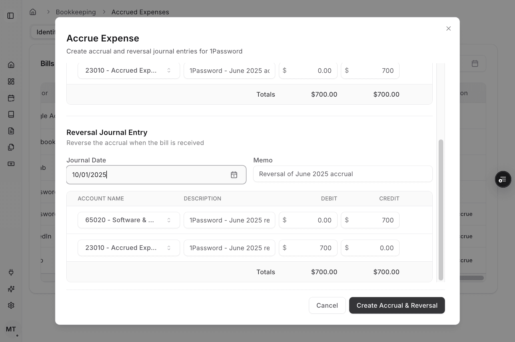 Screenshot showing Create Accrual and Reversal