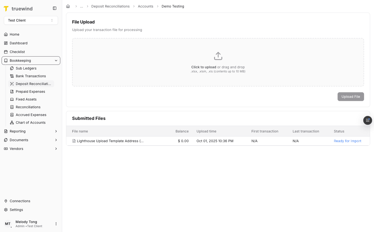 Screenshot showing Ready for Import in Deposit Reconciliation