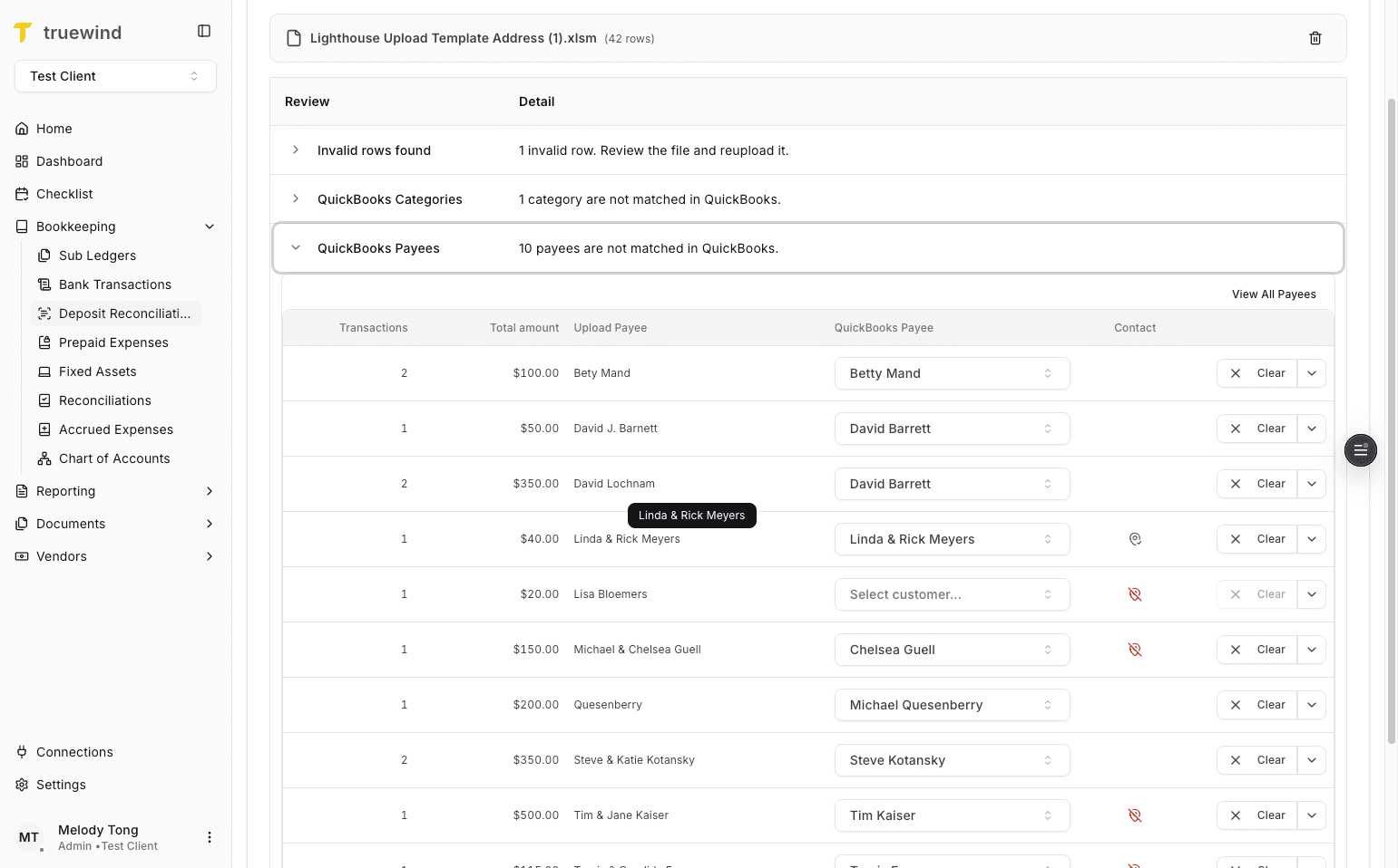 Screenshot showing existing payee matching in Deposit Reconciliation