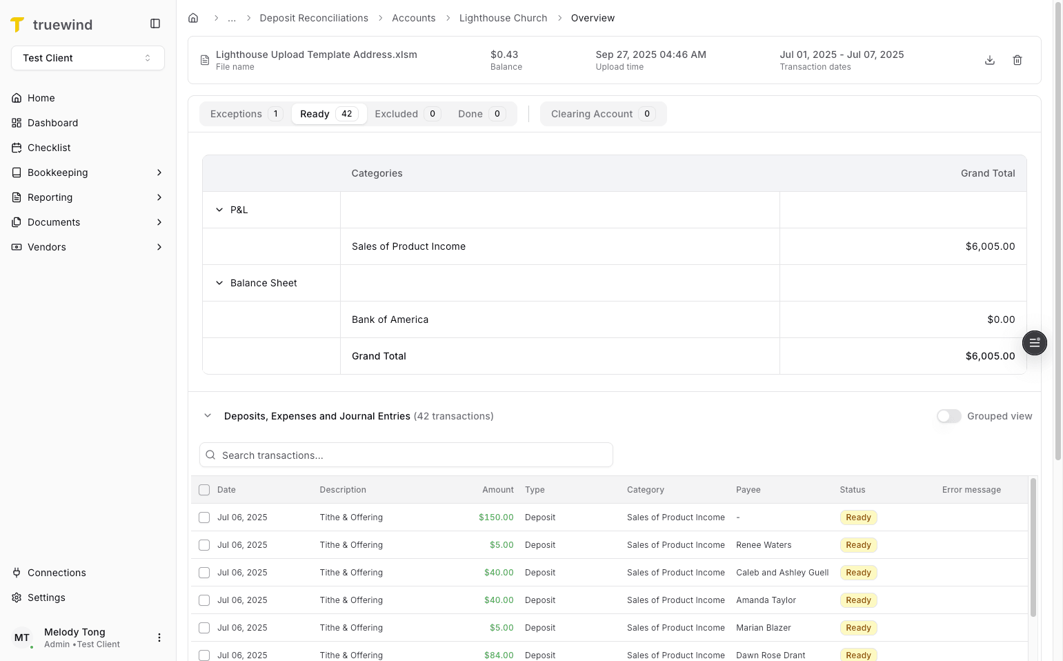 Screenshot showing a selected deposit row