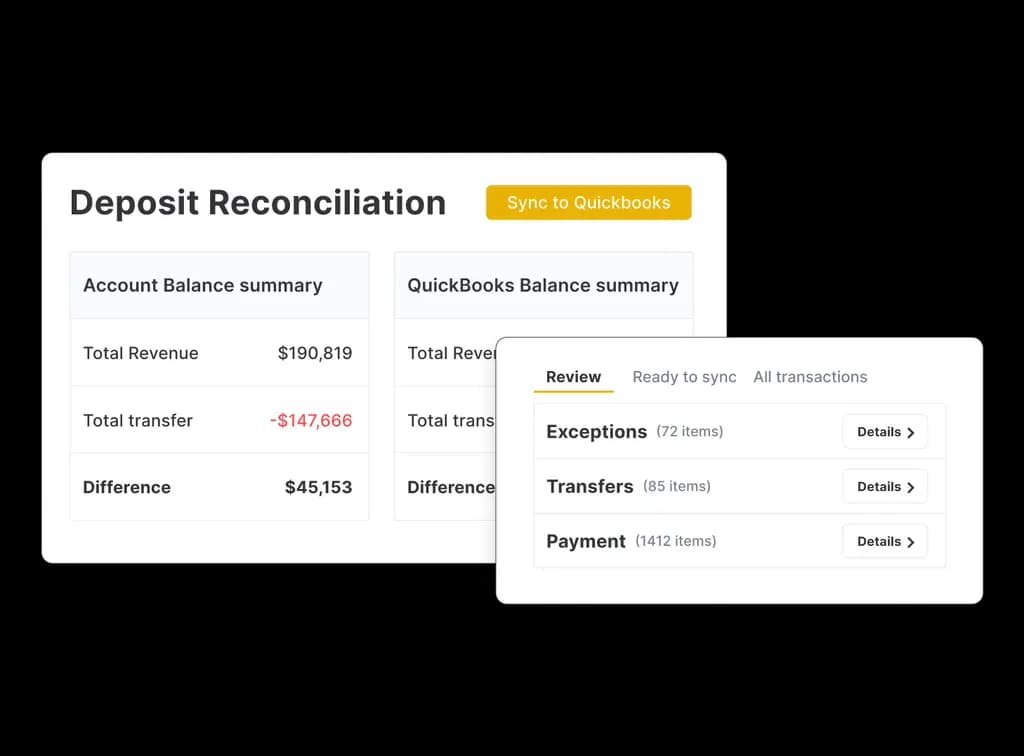 Accounts receivable reconciliation table showing matched transactions and exceptions.