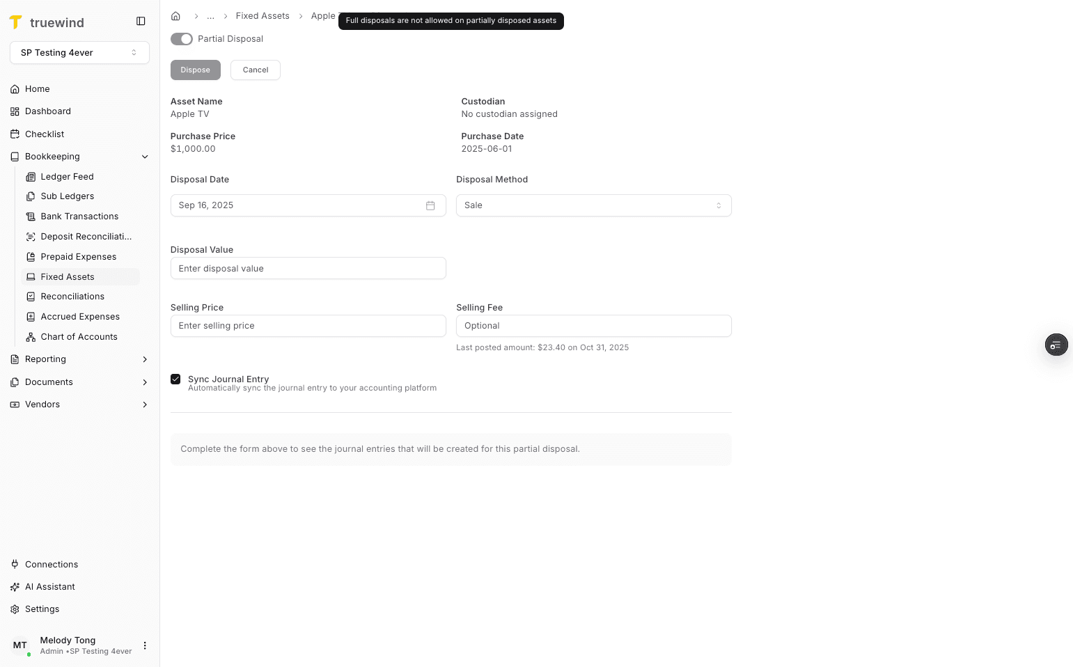 Screenshot showing Toggle on Partial Disposal. Toggle off for Full Disposal