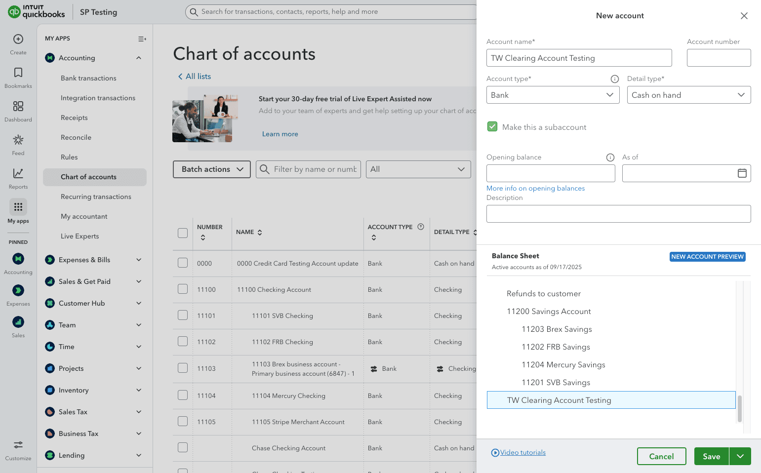 Screenshot showing the subaccount option in QuickBooks