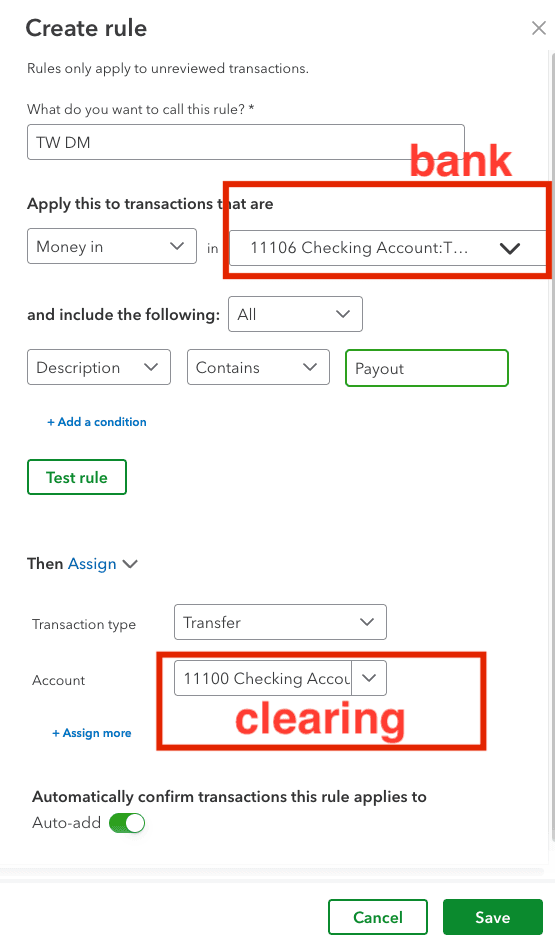 Screenshot showing the rule setup path in QuickBooks