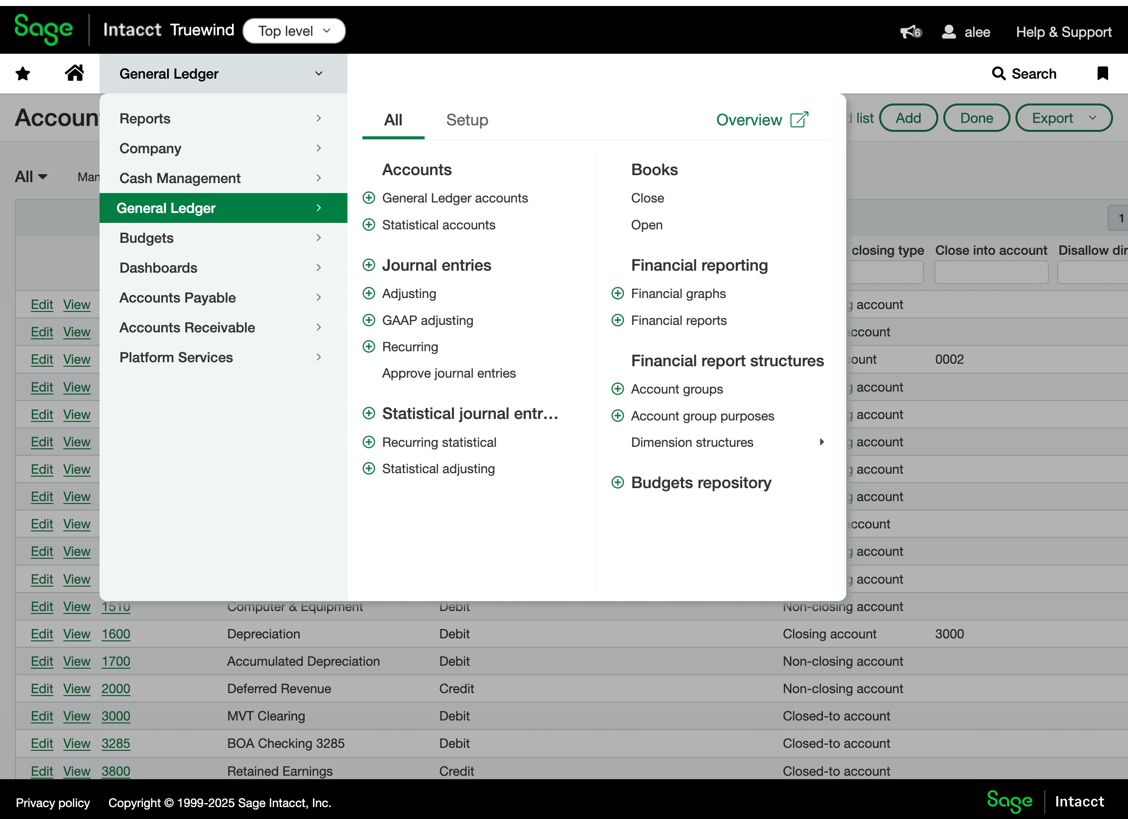 Screenshot showing the General Ledger area in Sage