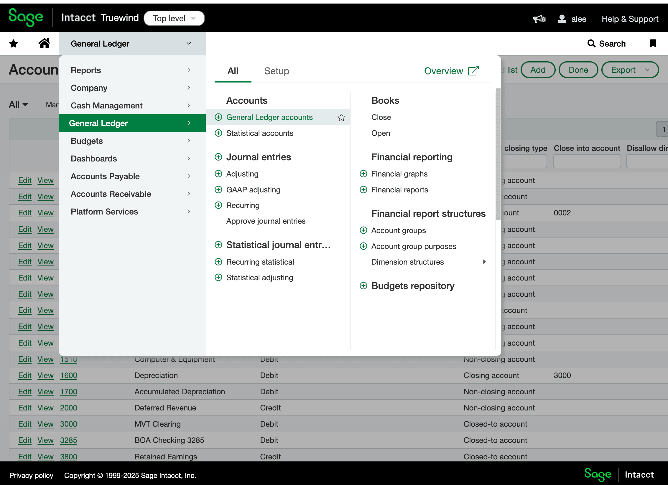 Screenshot showing General Ledger accounts in Sage