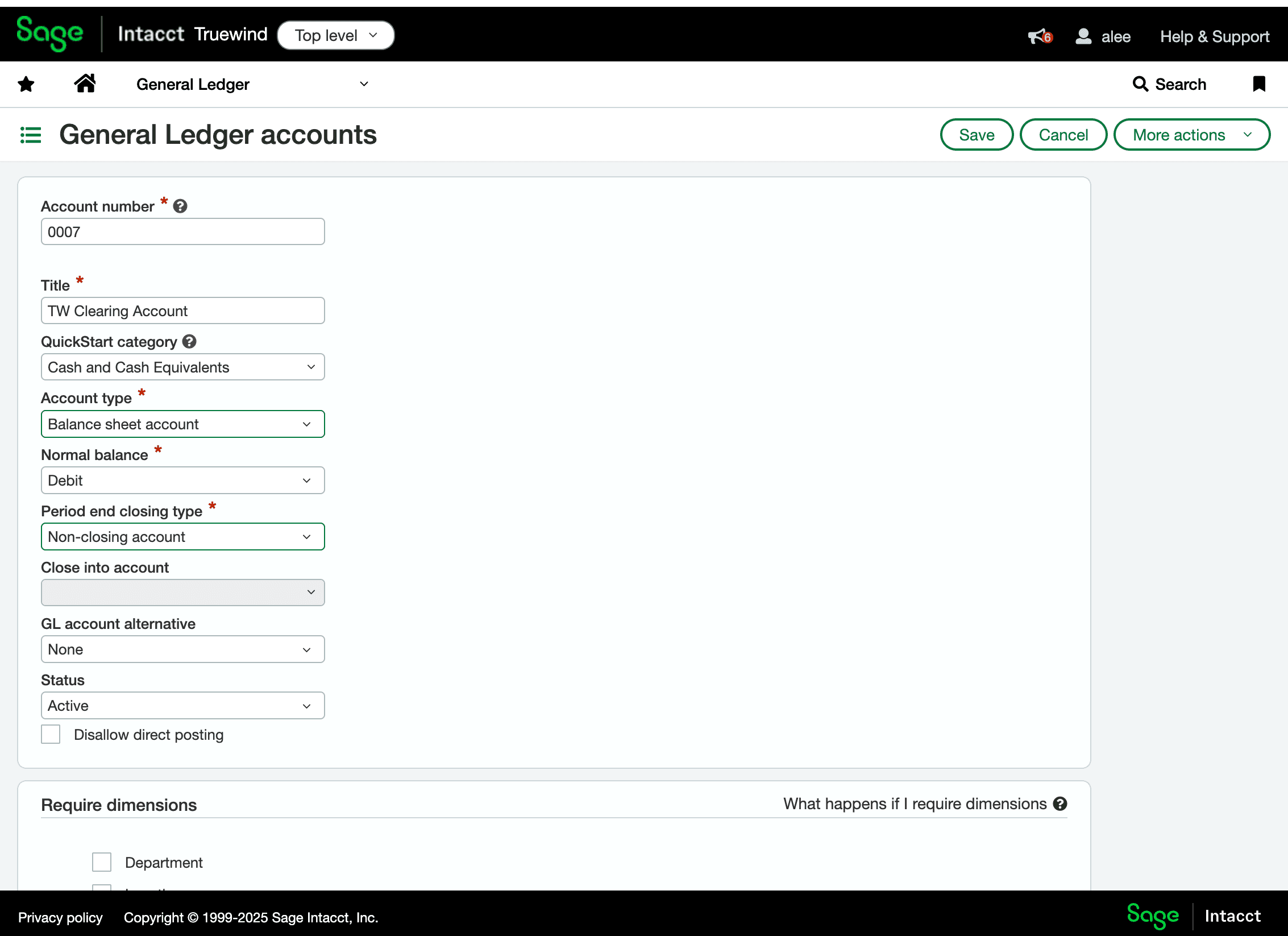 Screenshot showing Non-closing account selected in Sage