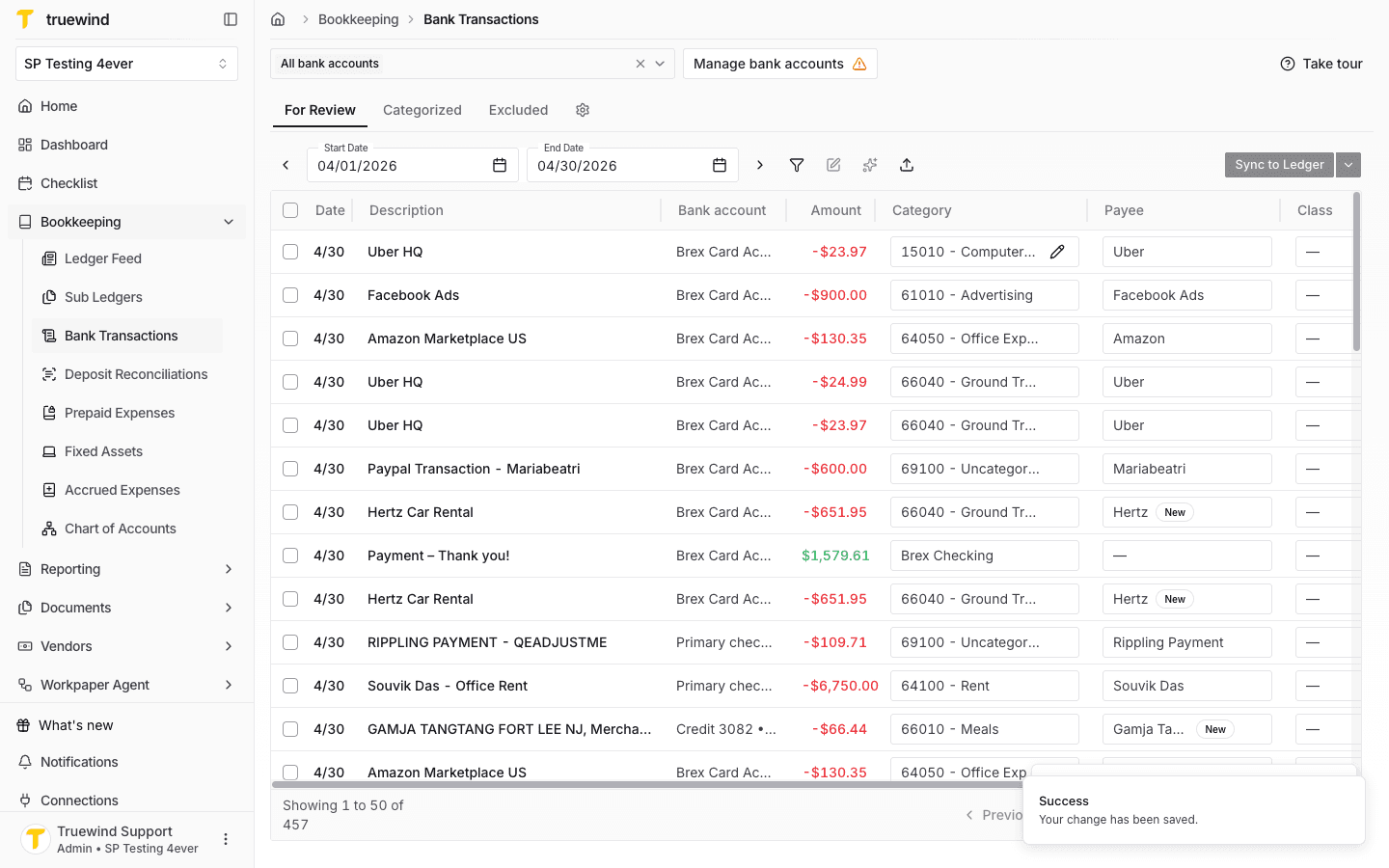 Bank Transactions row updated with a fixed asset category.