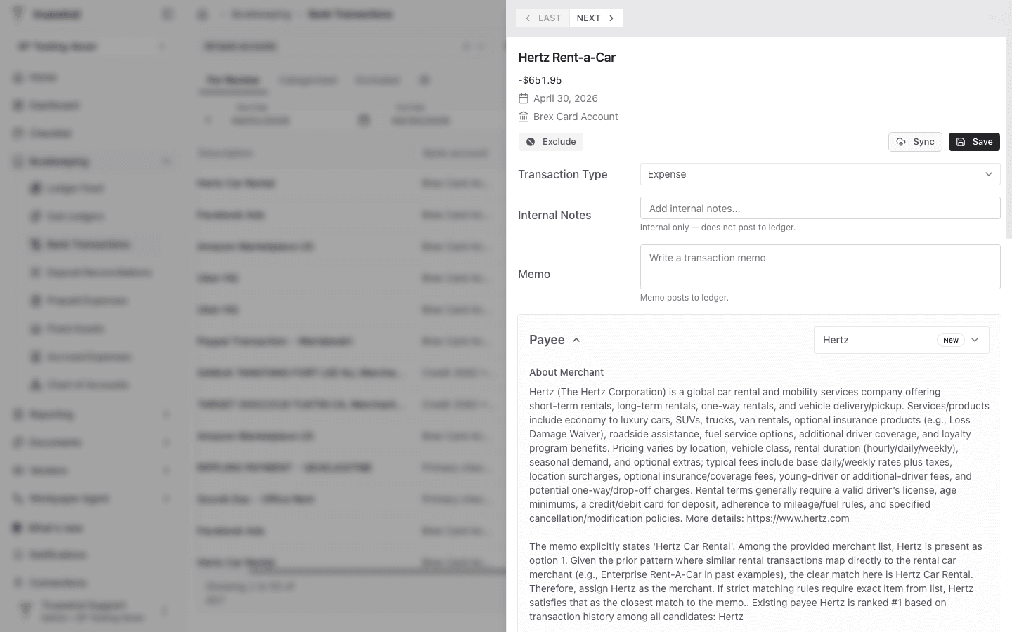 Screenshot showing the transaction detail panel after Save with a successful update toast.