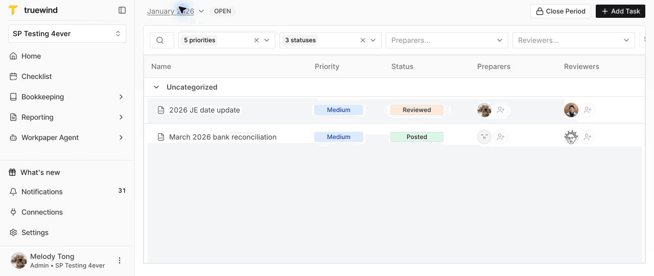 Screenshot showing the Checklist table with close period, filters, task rows, priority, status, preparers, reviewers, and actions.