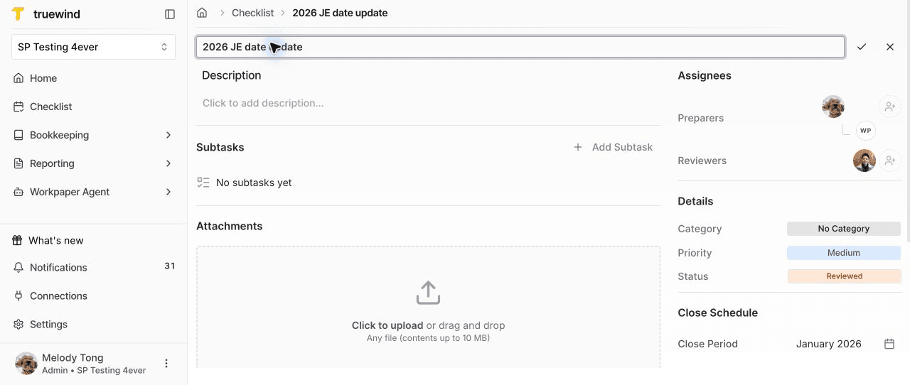 Screenshot showing a Checklist task detail page with task sections, assignees, priority, status, close period, and due date.