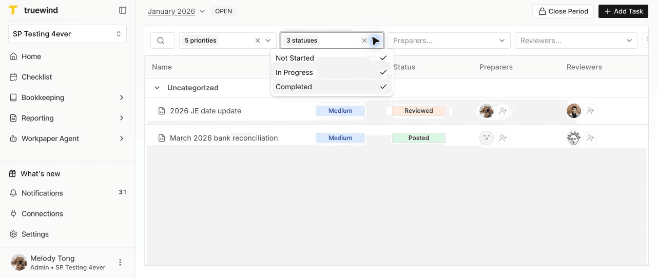 Screenshot showing the Checklist status filter menu open.