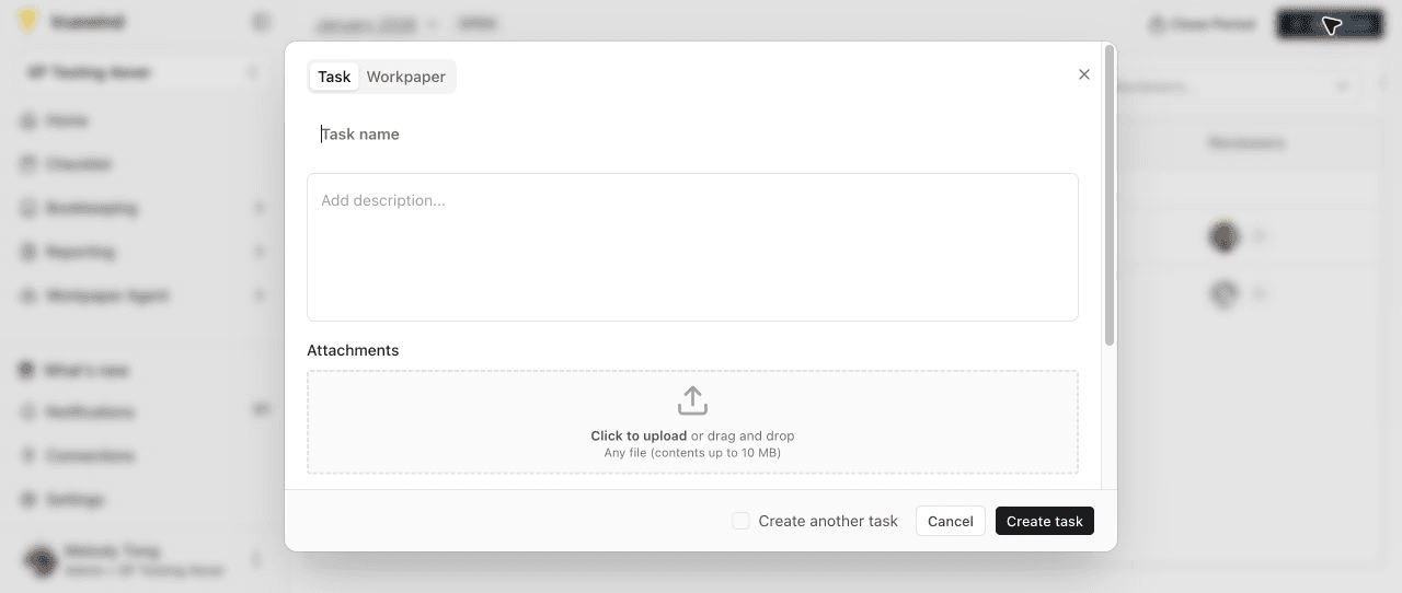 Screenshot showing the Create checklist task dialog with Task and Workpaper options.