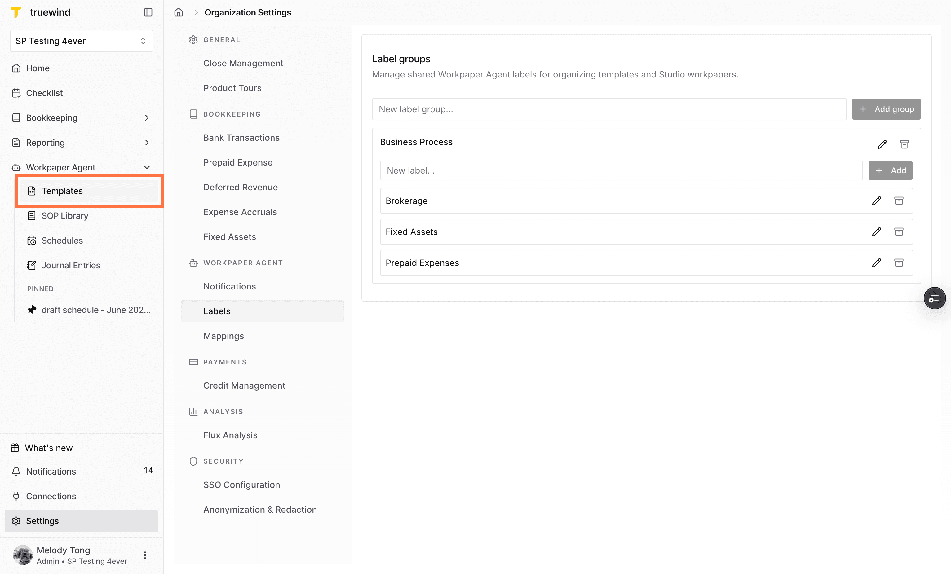 Screenshot showing Workpaper Agent navigation