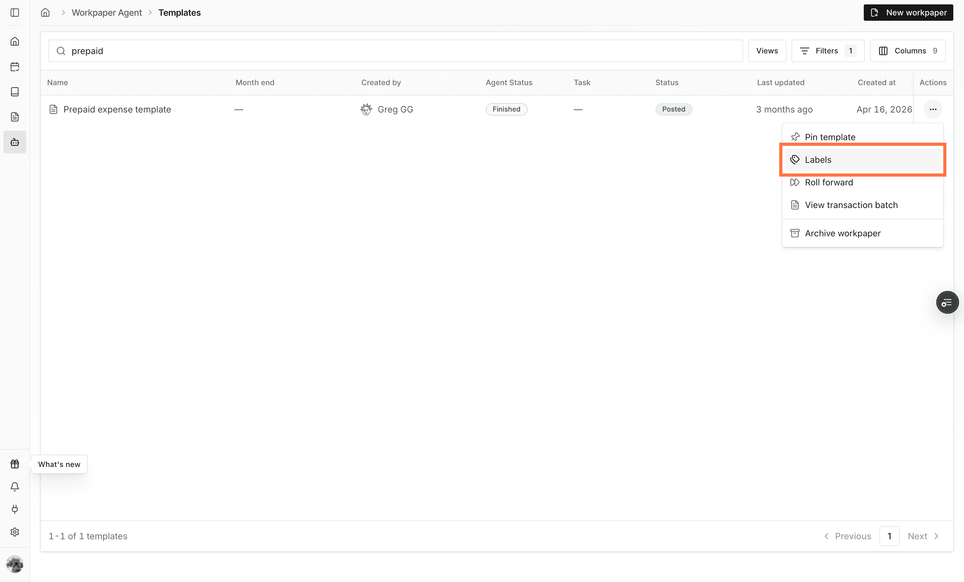 Screenshot showing the Labels action in the workpaper actions menu