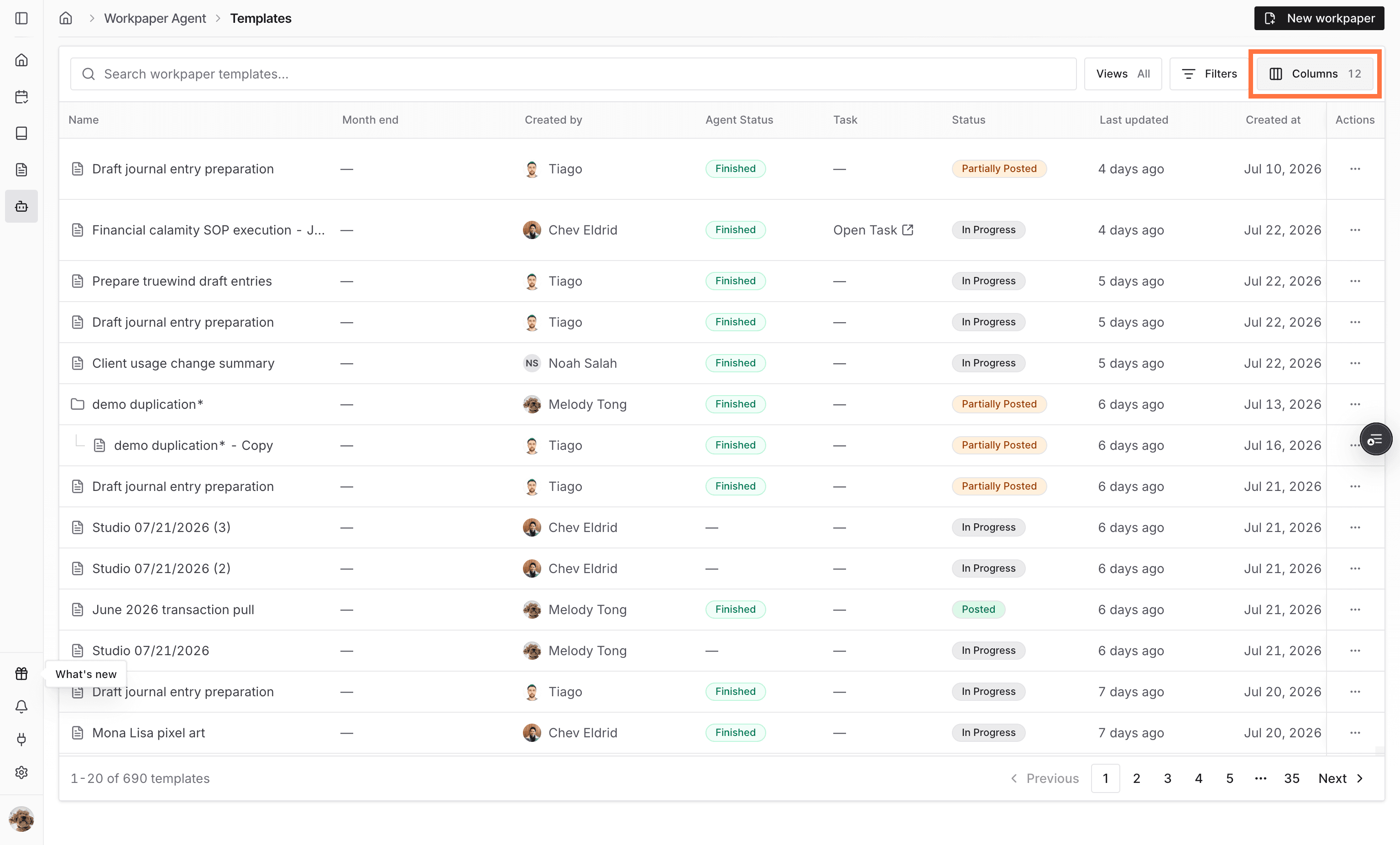 Screenshot showing the Columns action in the workpaper list