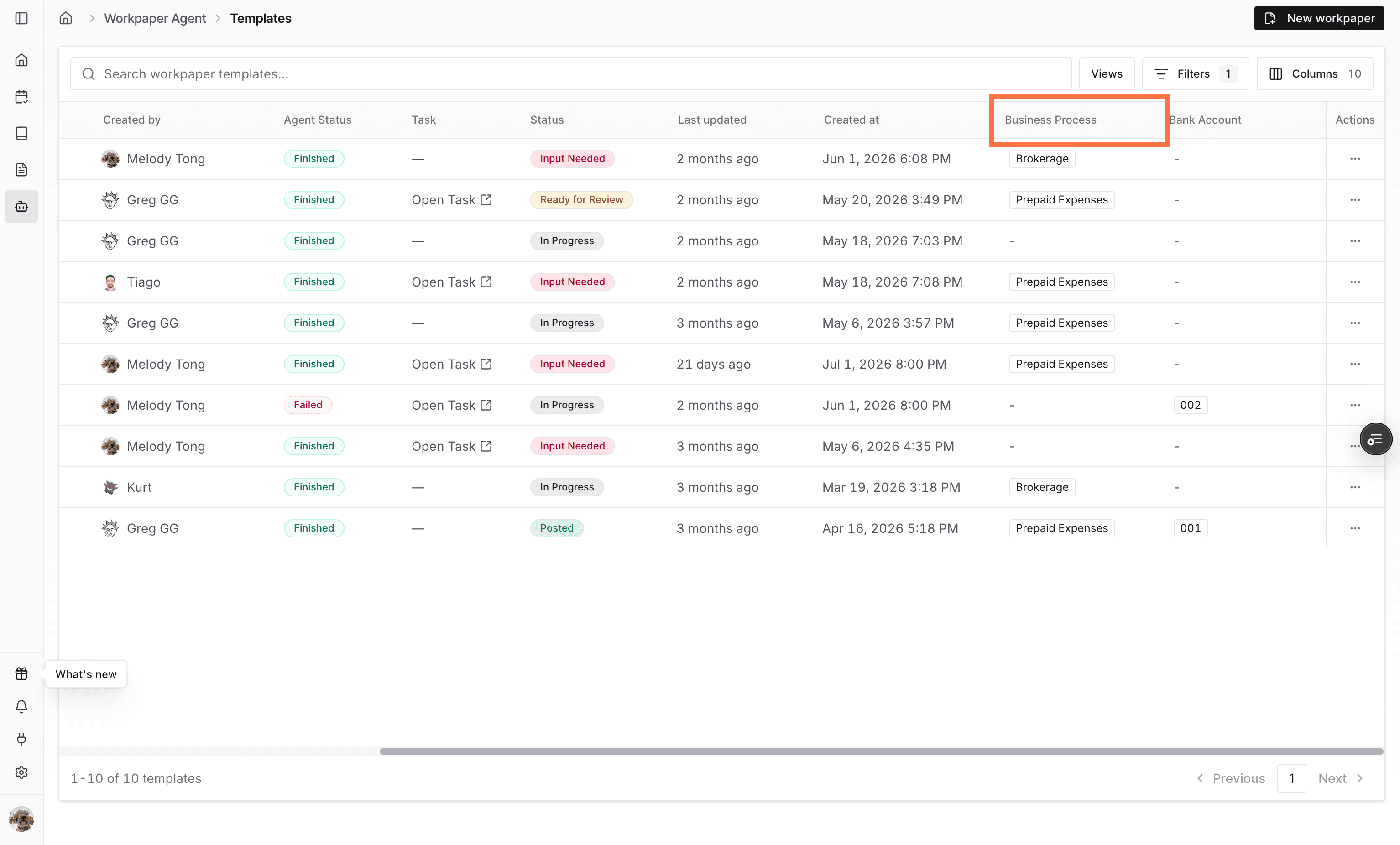 Screenshot showing the Business Process label column in the workpaper list