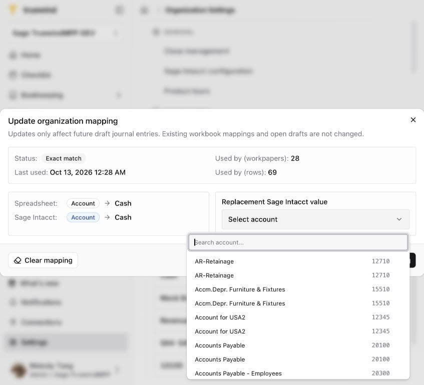 Update organization mapping with the replacement Sage account picker open