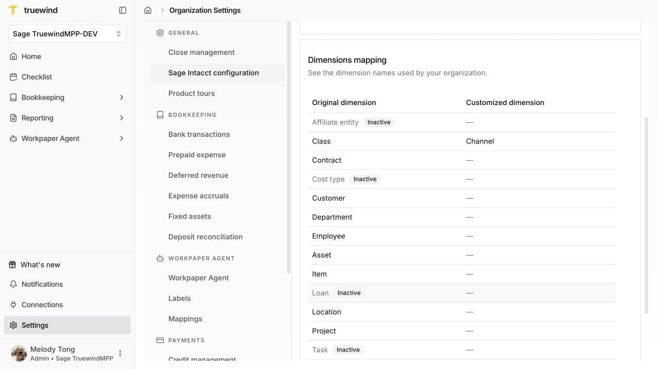 Dimensions mapping in Sage Intacct configuration, showing Class renamed Channel and inactive dimensions