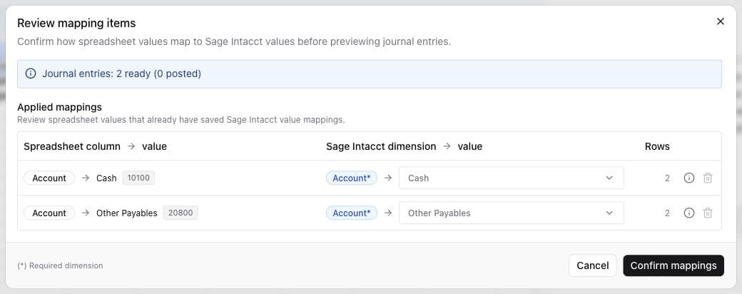 Review mapping items in Sage TruewindMPP-DEV, showing applied Cash and Other Payables account mappings, required-field indicators, row counts, and Confirm mappings