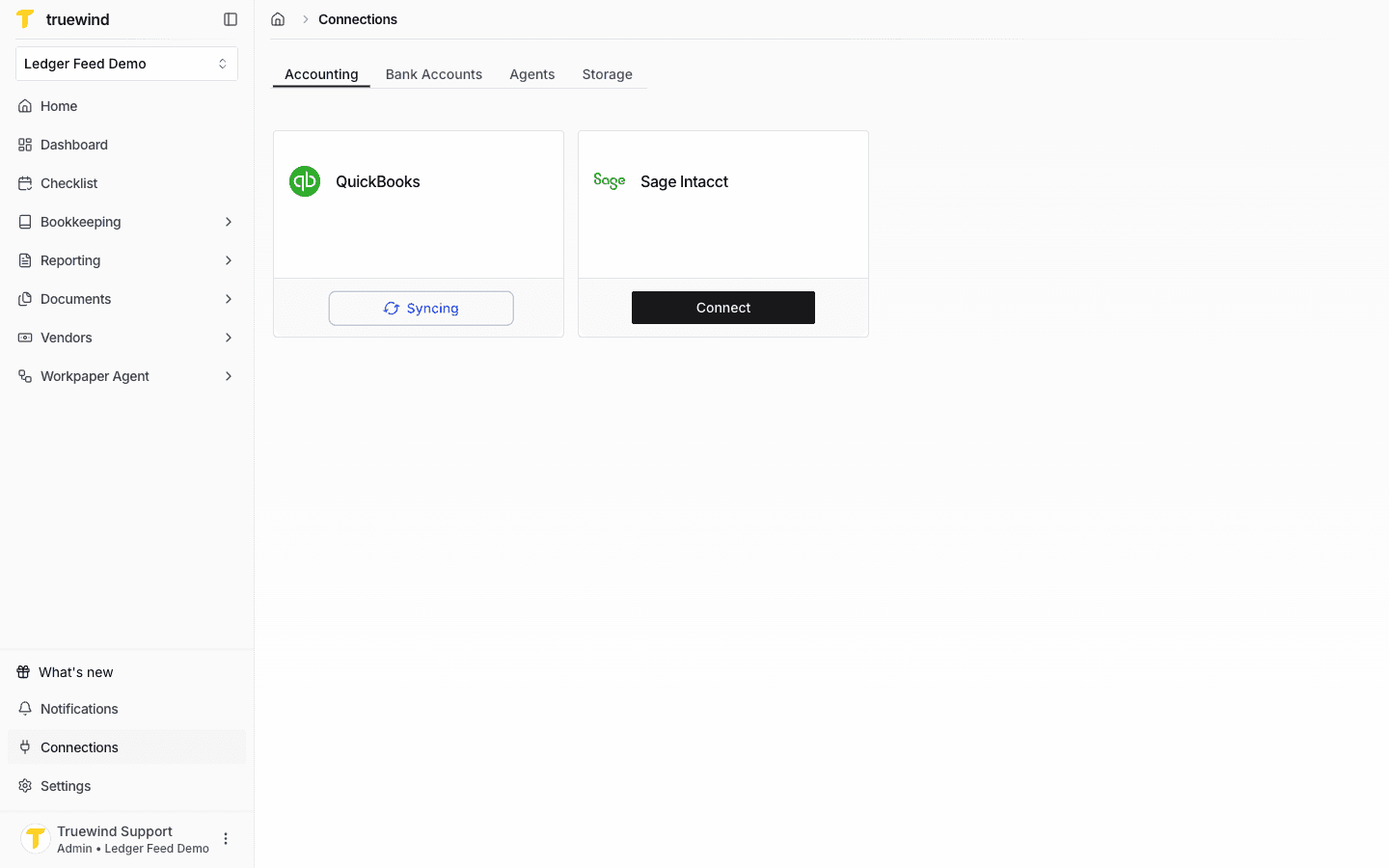 Current Truewind Connections page showing QuickBooks syncing