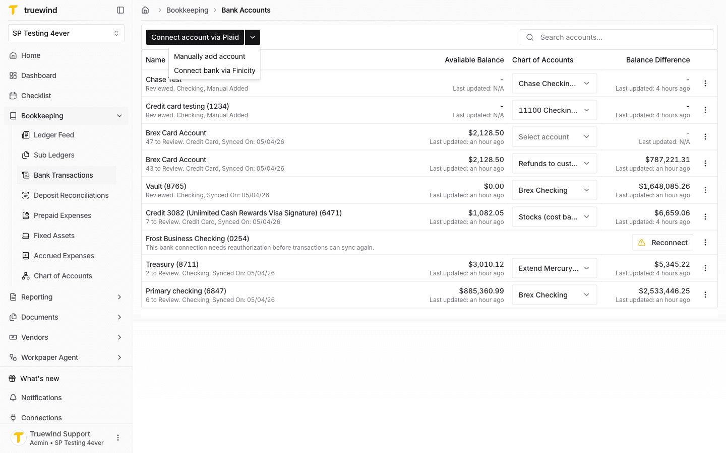 Screenshot showing Bank Accounts. On the top right, there's a drop down button. Select Manually add account