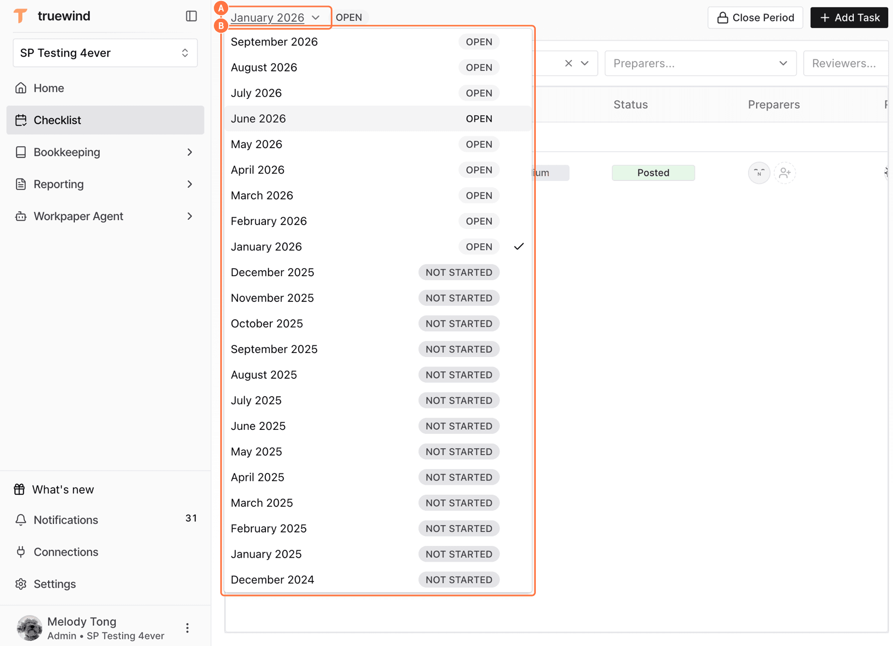 Screenshot showing red callouts around the close-period picker and period list.