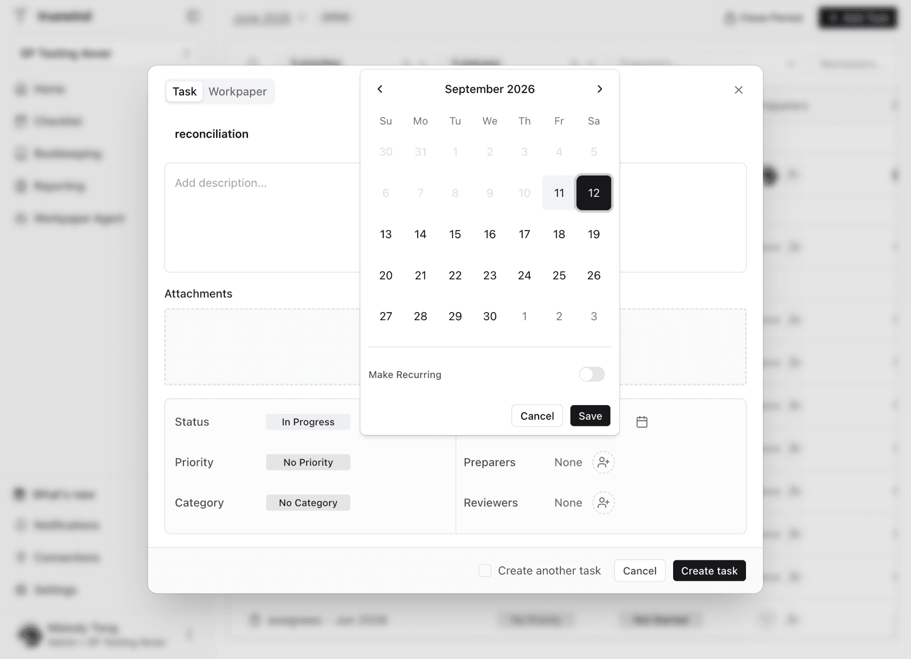 Screenshot showing a red callout around the recurring task toggle.