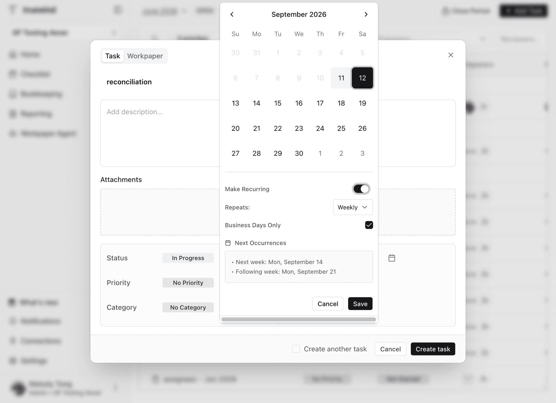 Screenshot showing a red callout around the recurring task settings.
