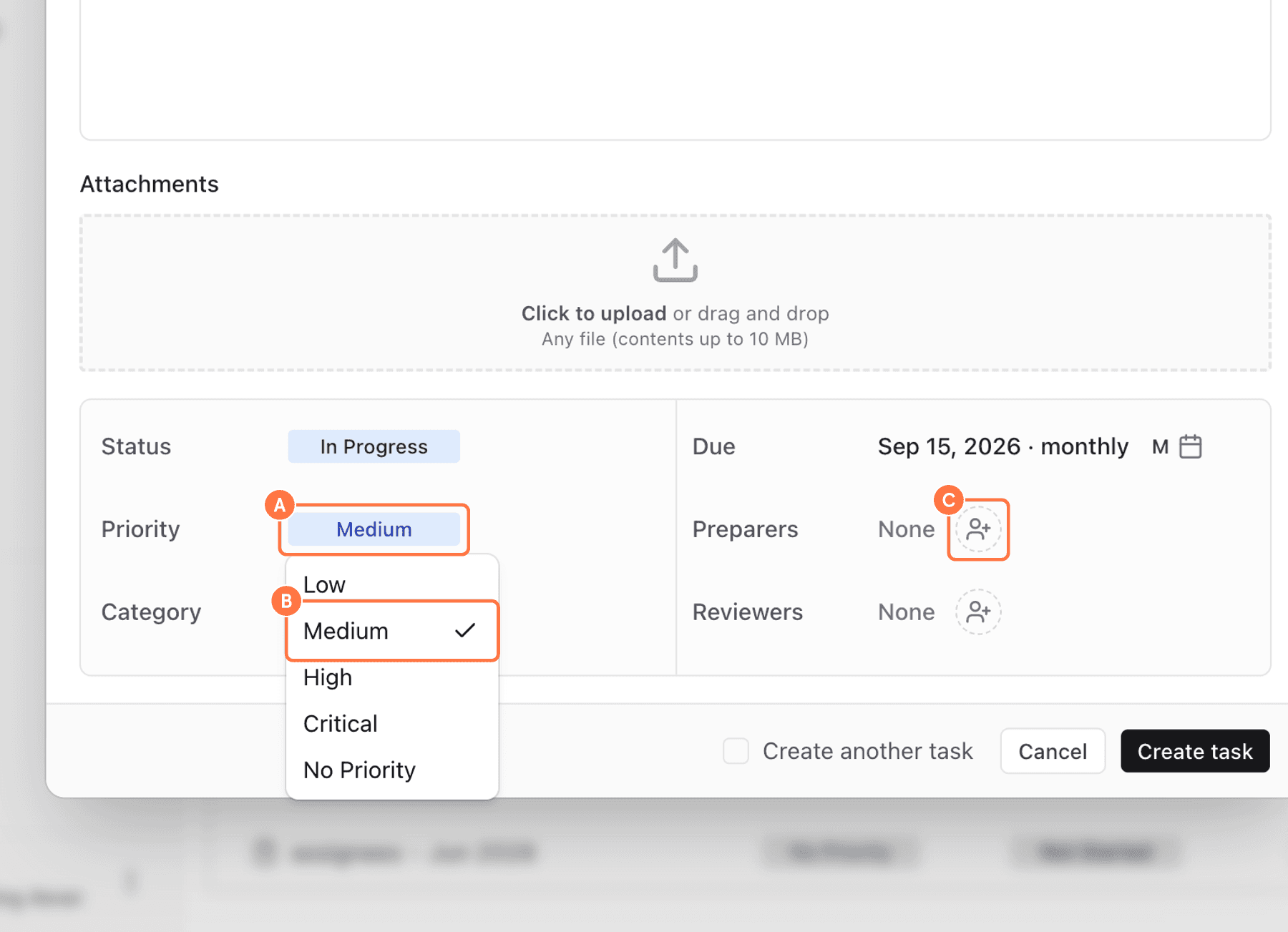 Screenshot showing red callouts around the priority menu, priority option, and preparer control.