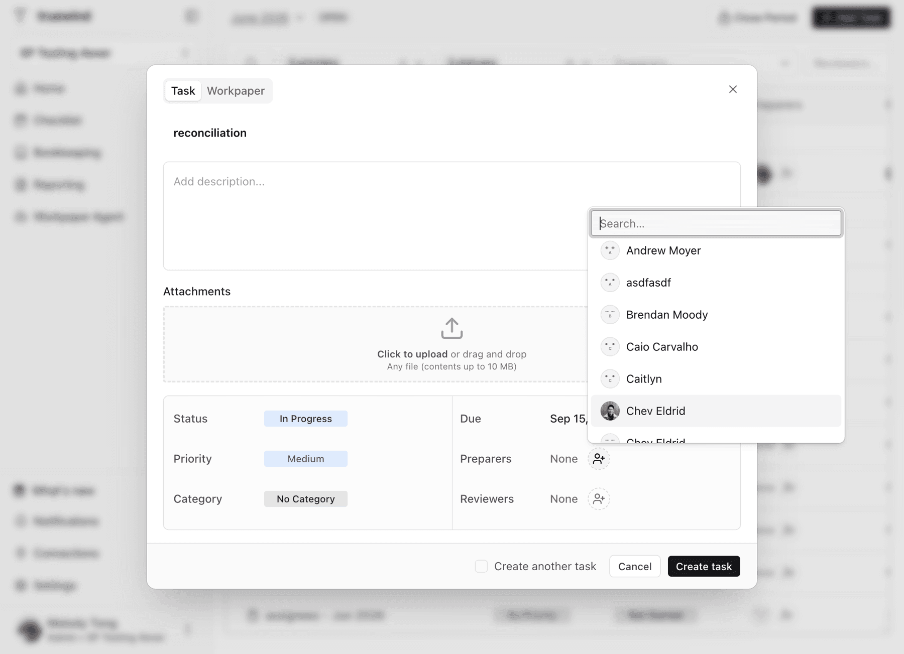 Screenshot showing the preparer selector with user options.