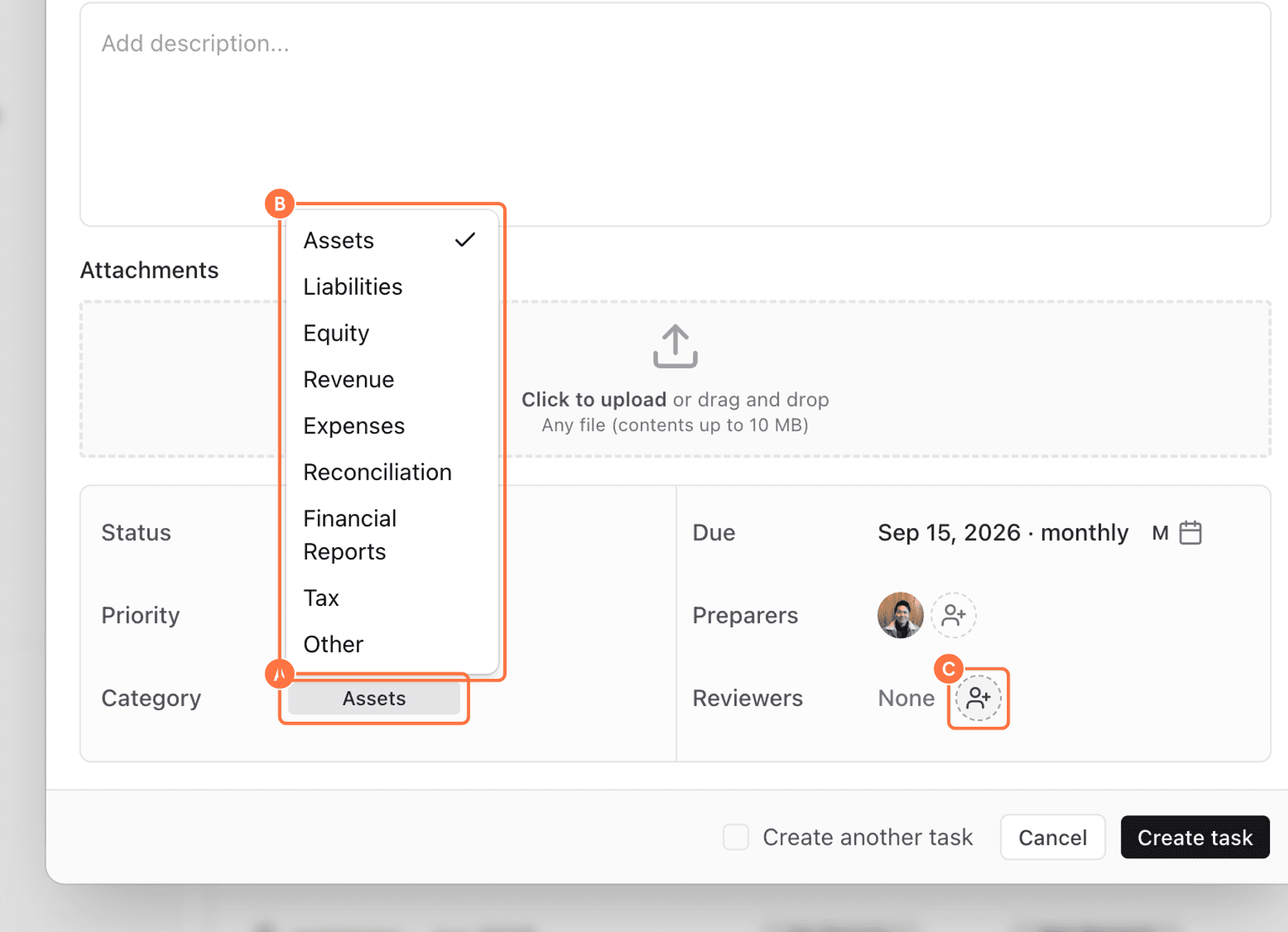 Screenshot showing red callouts around the category menu, category option, and reviewer control.