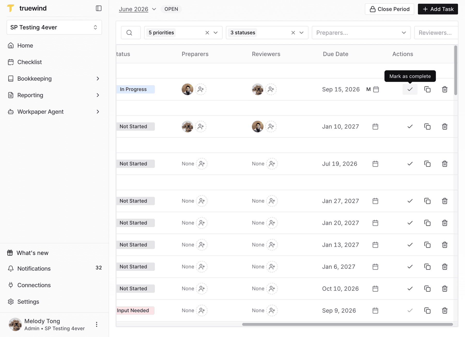 Screenshot showing the created task row in the Checklist table.