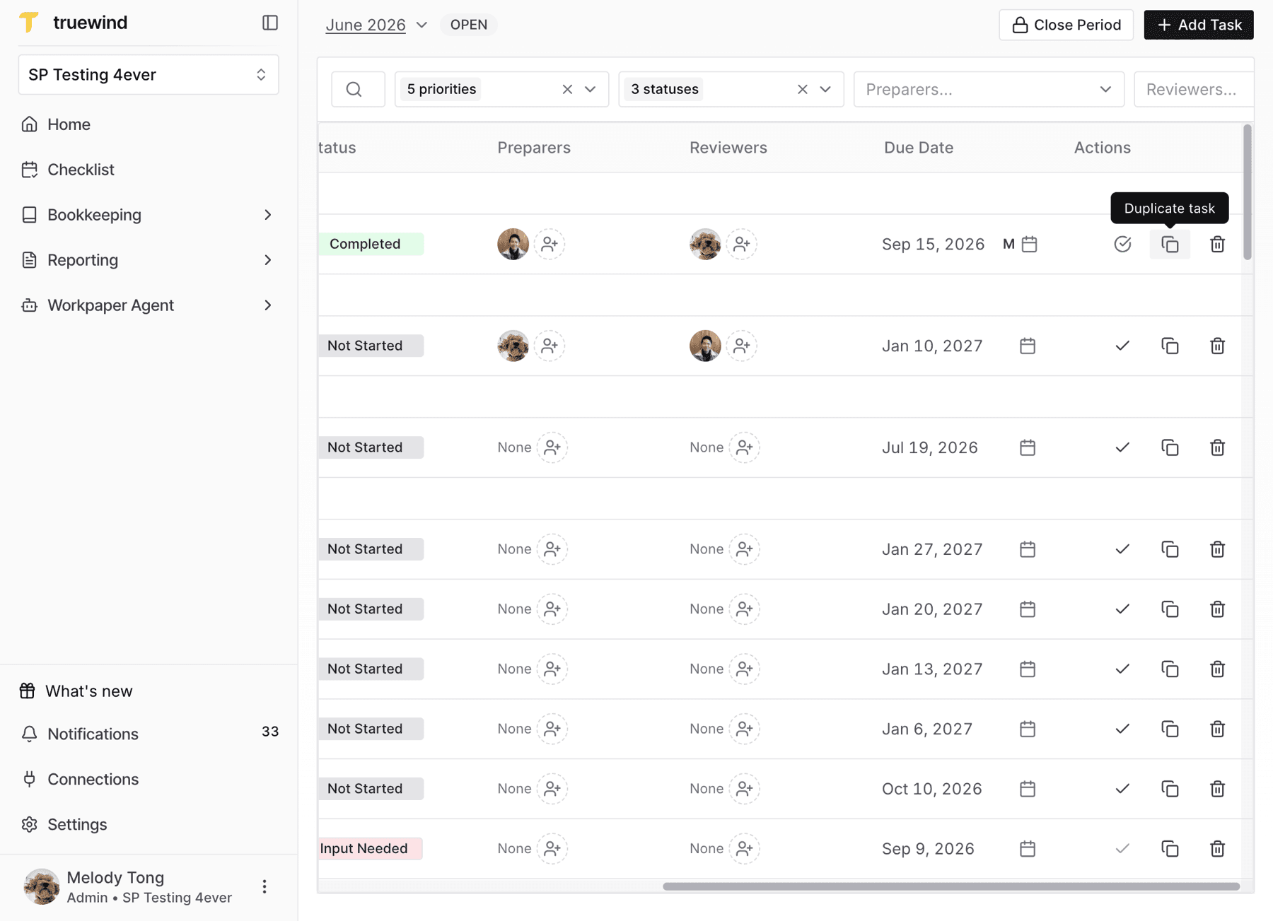 Screenshot showing a task row actions menu in Checklist.