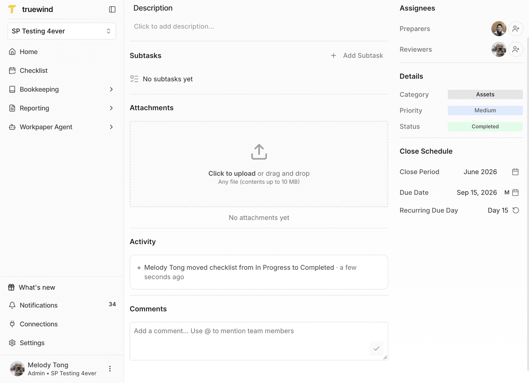 Screenshot showing a Checklist task detail page with activity.