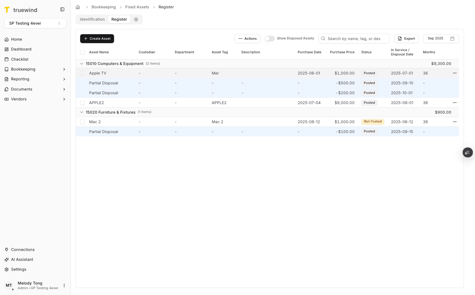 Screenshot showing On register page, click on asset row