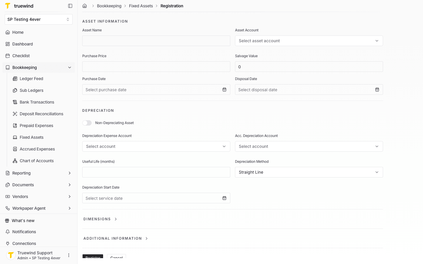 Fixed Asset registration form opened from the register.