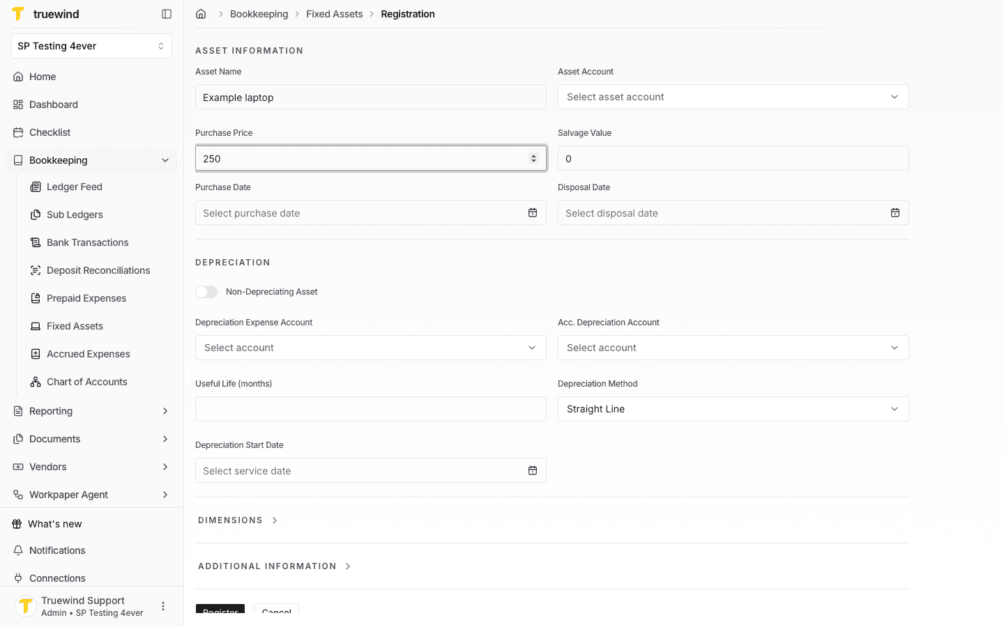 Fixed Asset registration form with asset name and purchase fields started.