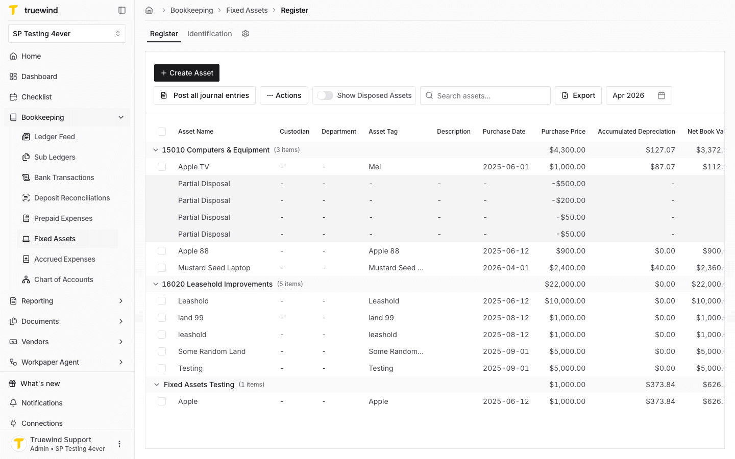 Fixed Assets register showing asset rows after registration.