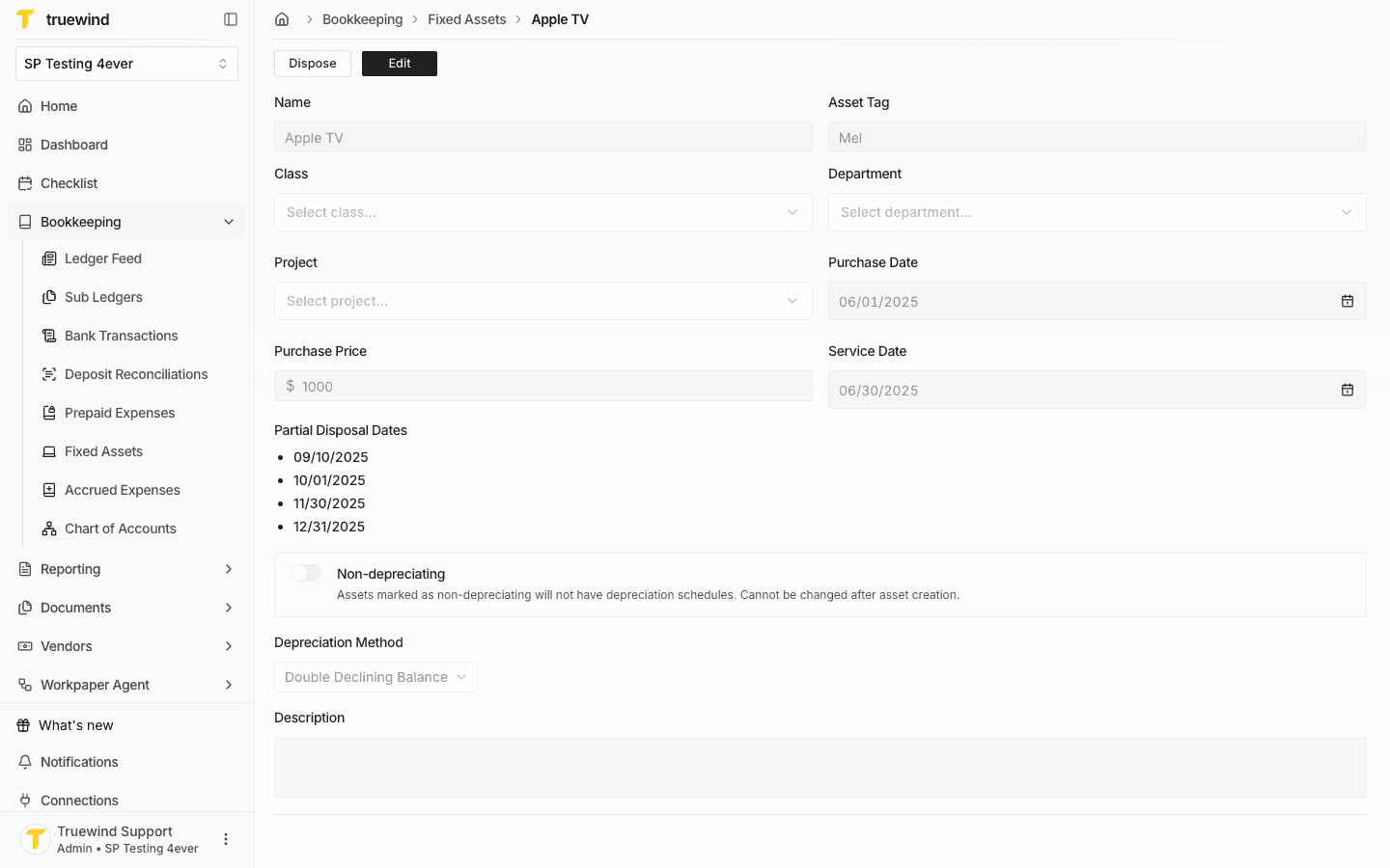 Fixed Asset detail page showing Post actions on depreciation schedule terms.
