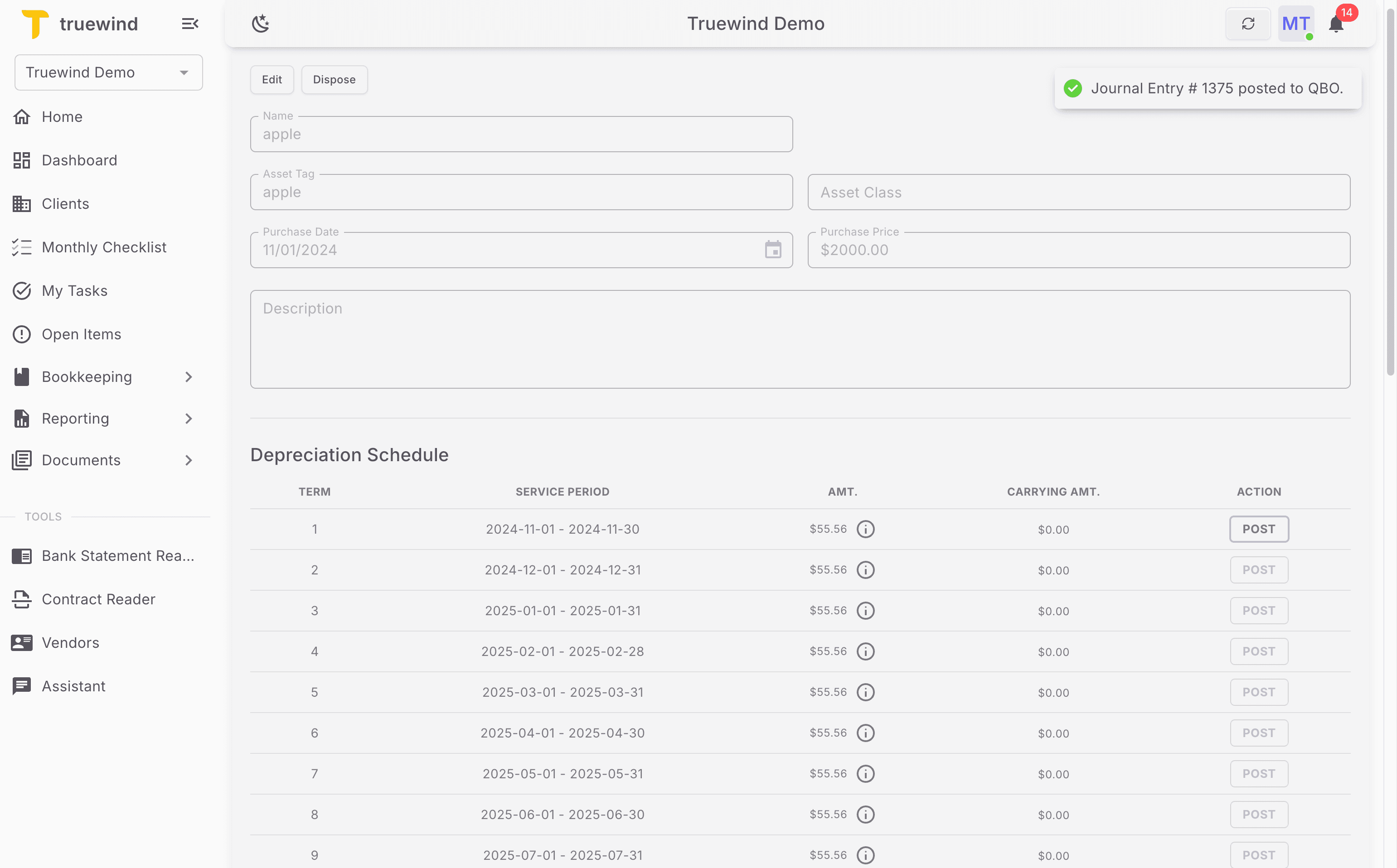 Screenshot showing Journal Entry # 1375 is posted to QBO