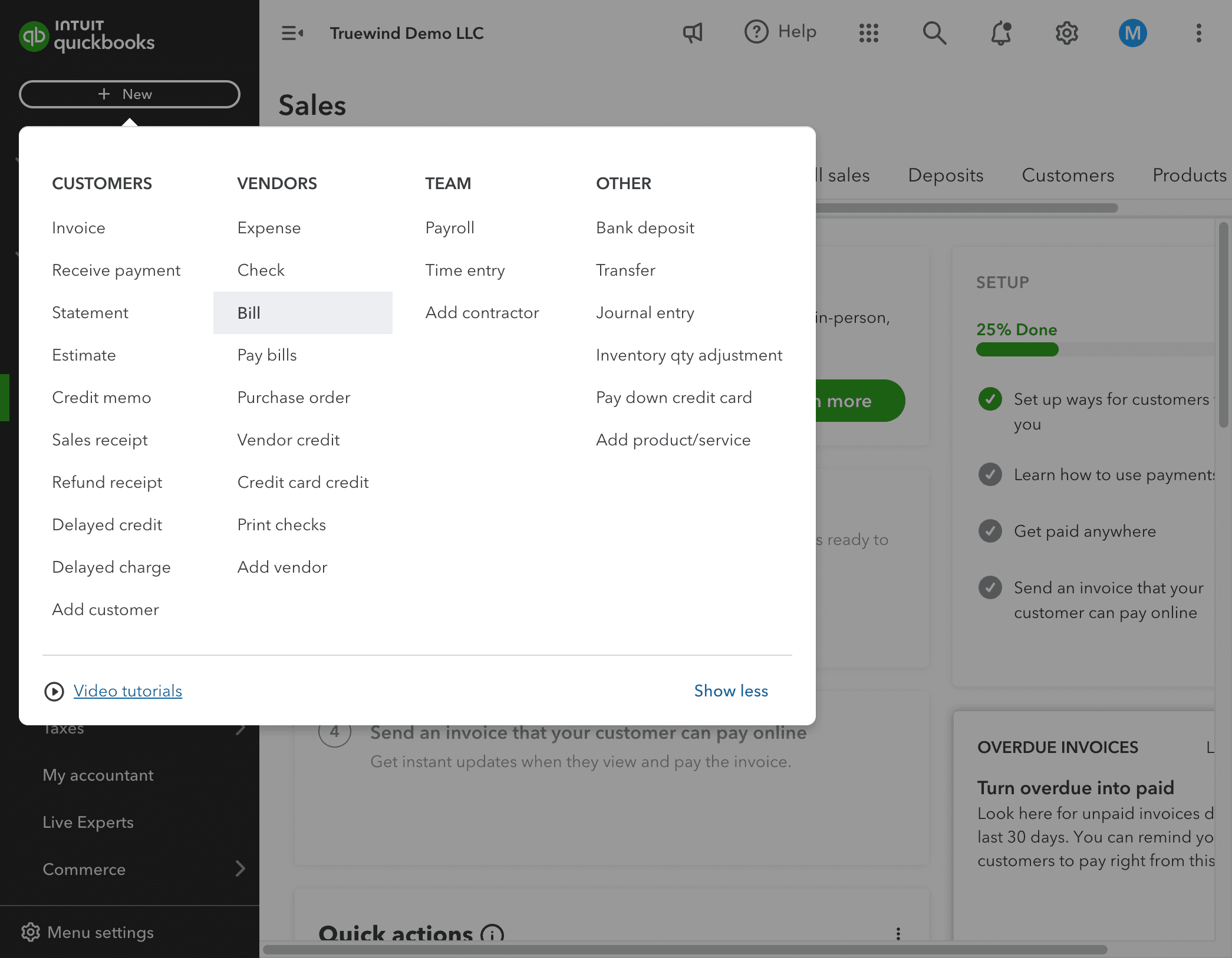 Screenshot showing Open QBO. Create a bill for Prepaid Expense