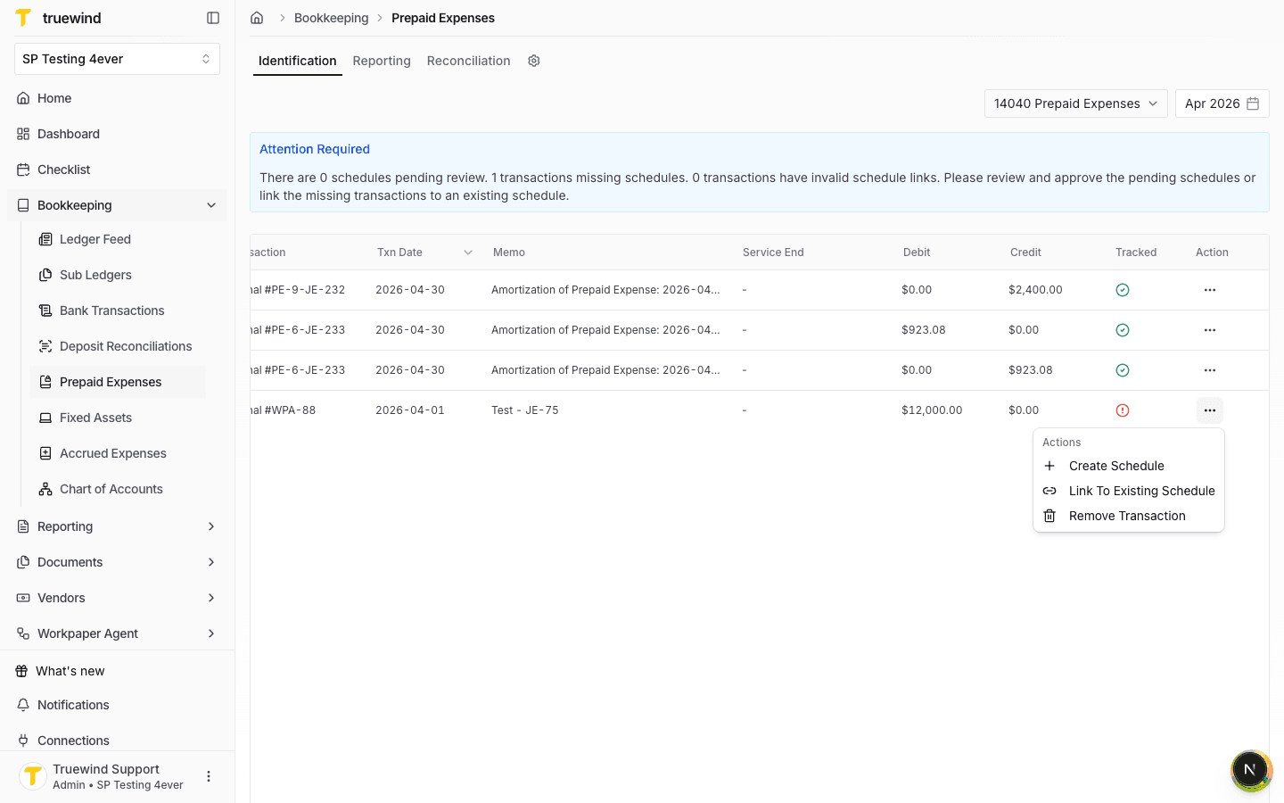 Row action menu opened for a prepaid expense transaction missing a schedule