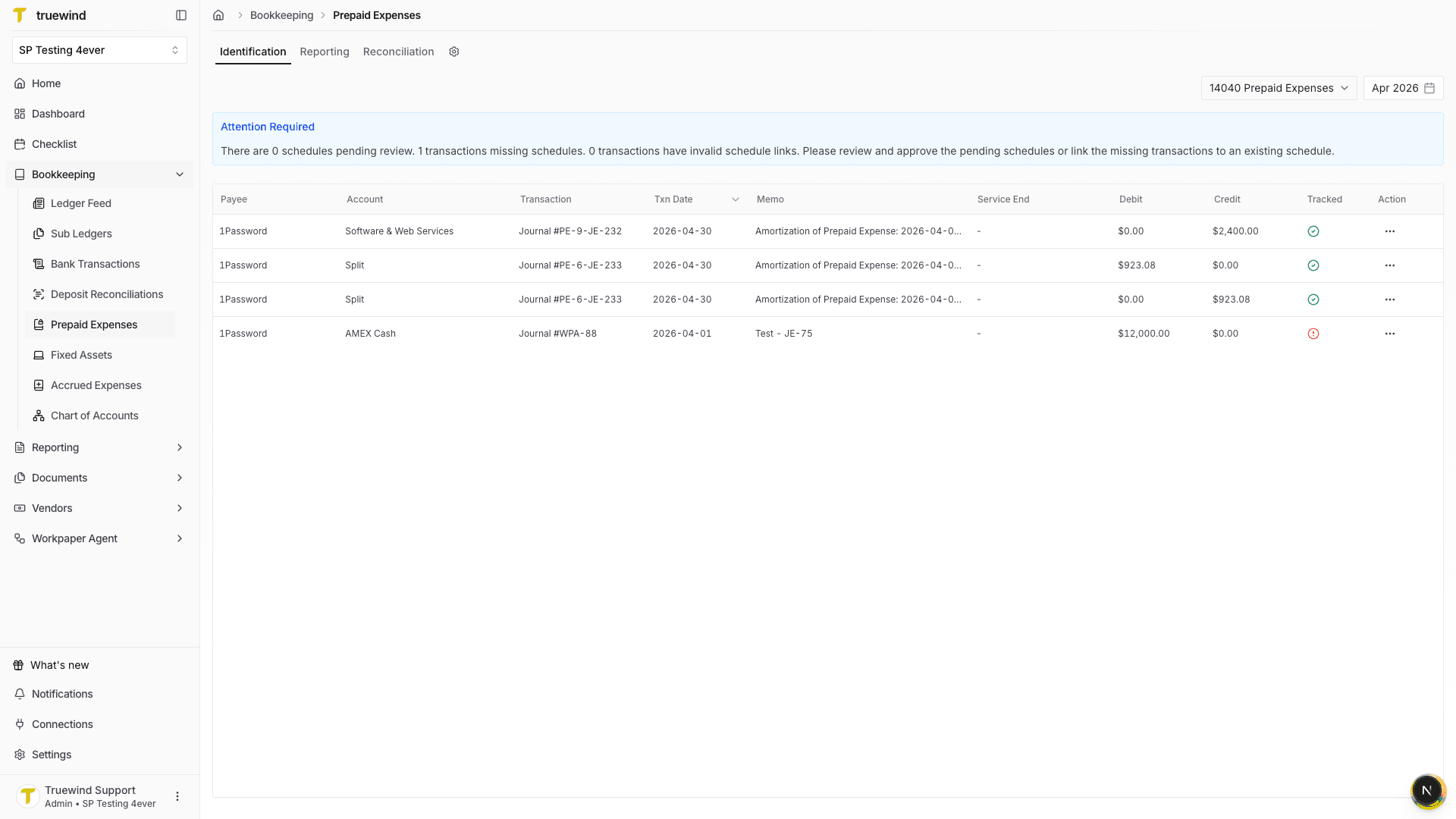 Screenshot showing Prepaid Expenses with the Identification tab selected