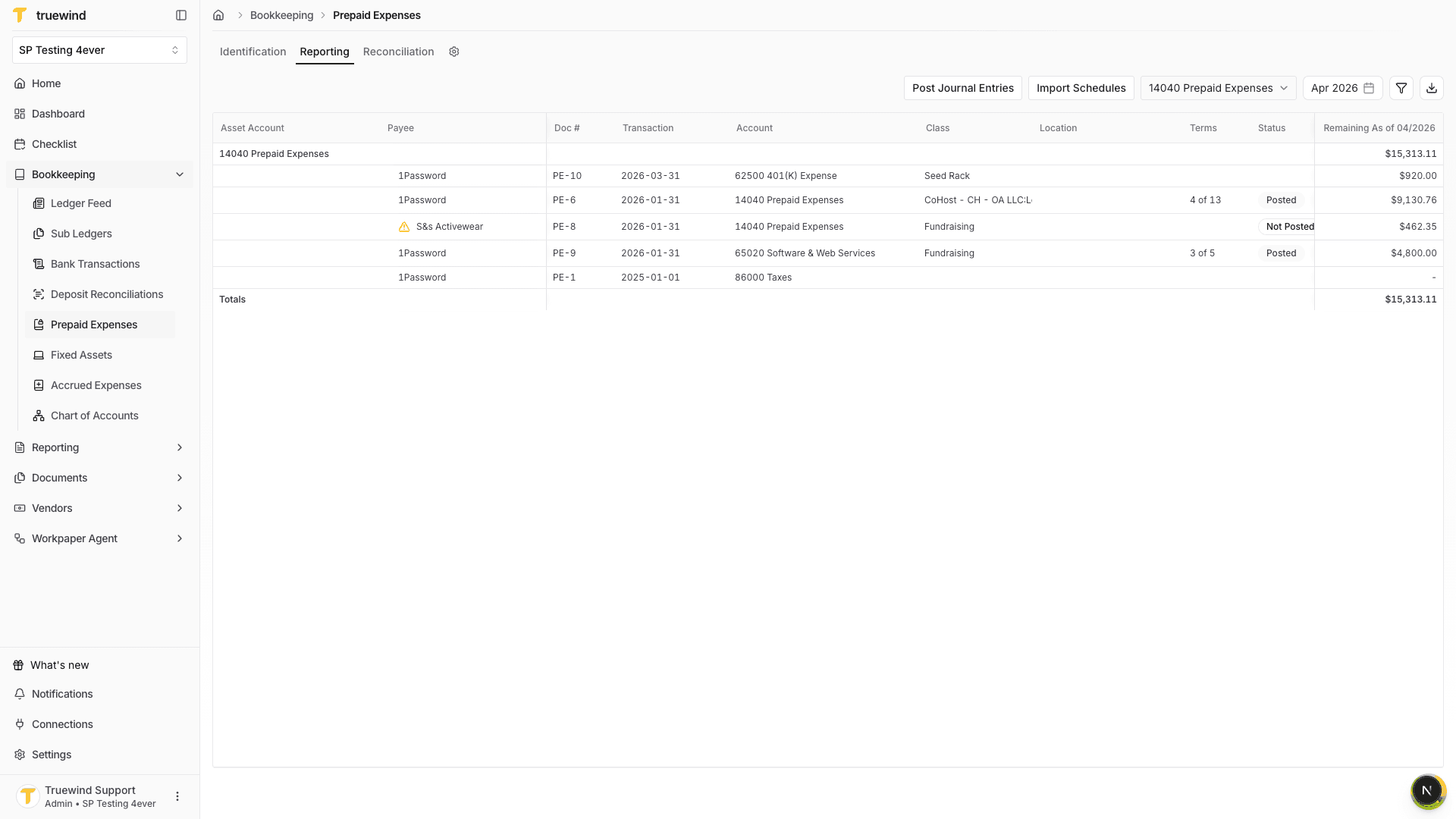 Screenshot showing prepaid schedules and balances in Reporting