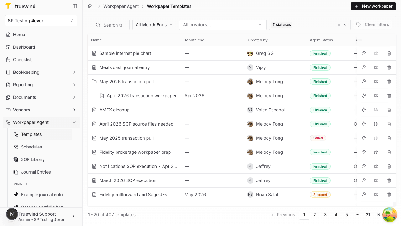Screenshot showing the Workpapers page with the New workpaper button available in Workpaper Agent.