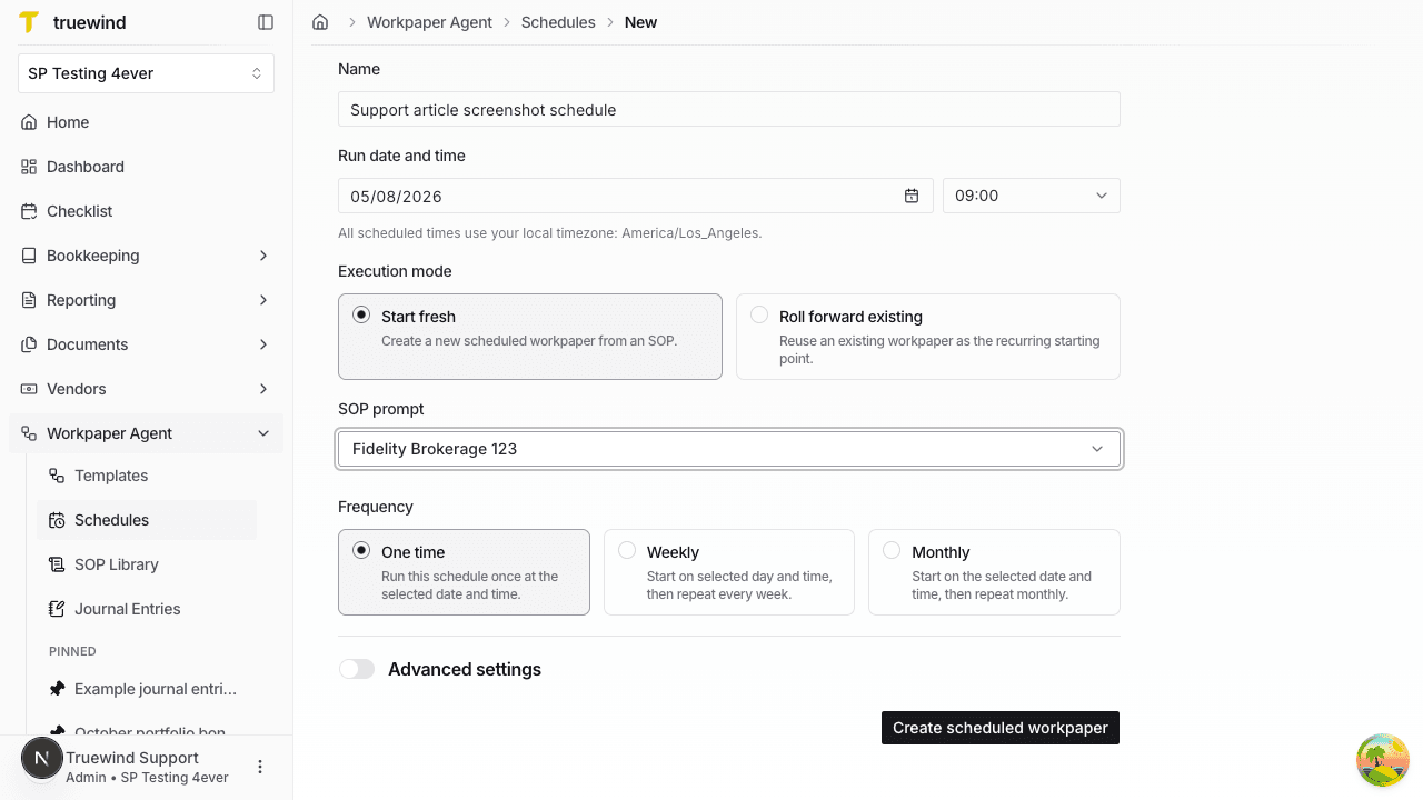 Screenshot showing the frequency options for one-time, weekly, and monthly scheduled workpapers.