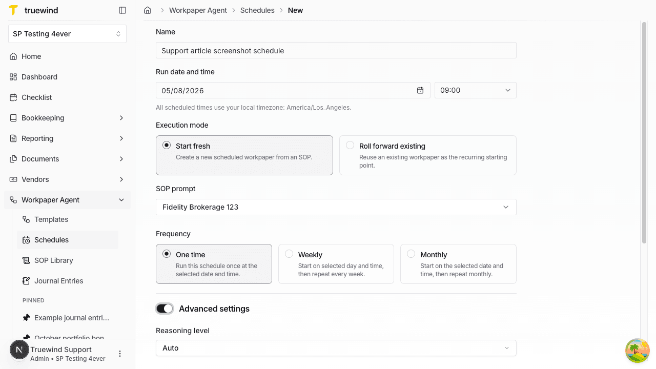 Screenshot showing the scheduled workpaper form ready to submit with the Create scheduled workpaper button visible.