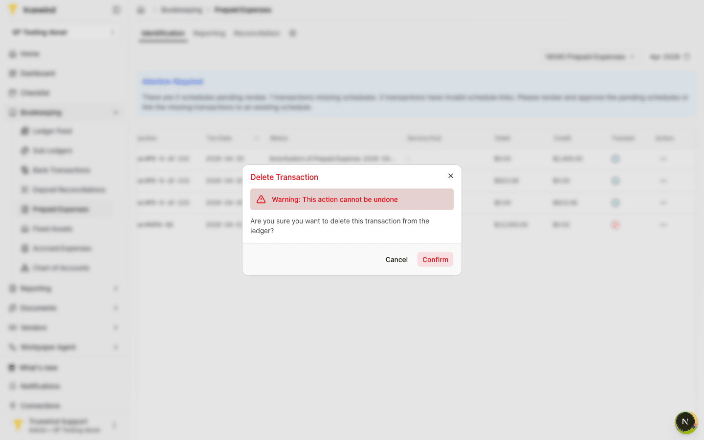 Delete Transaction confirmation dialog warning that the action cannot be undone