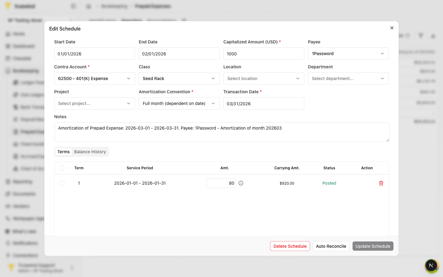 Edit Schedule modal showing prepaid expense terms and posted status